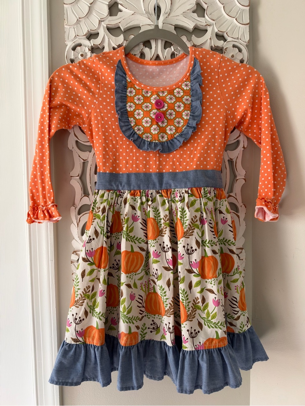 Orange Pumpkin Patch Print Long-Sleeve Girls Dress by Eleanor Rose 6/7